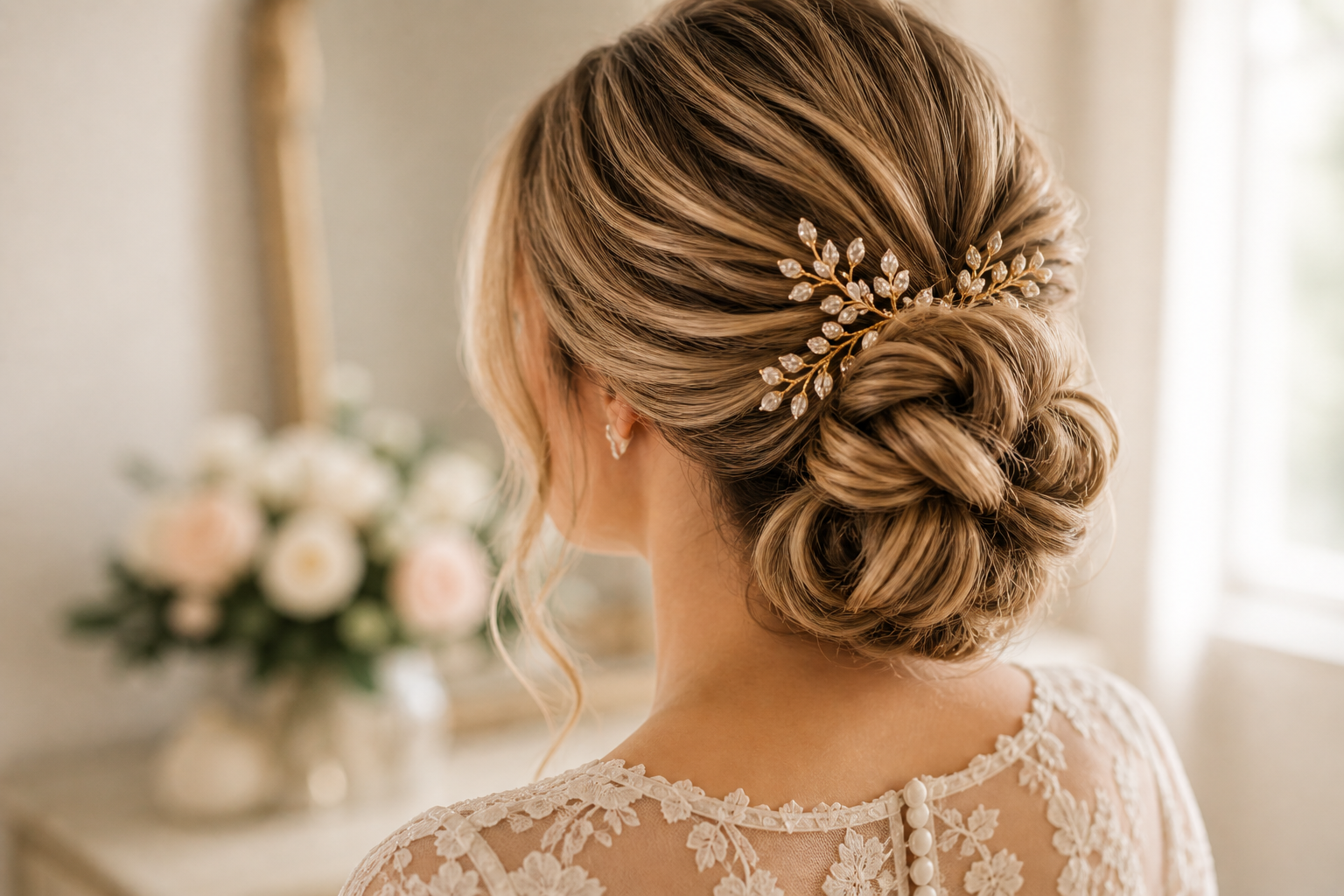 Elegant bridal updo with hairpiece